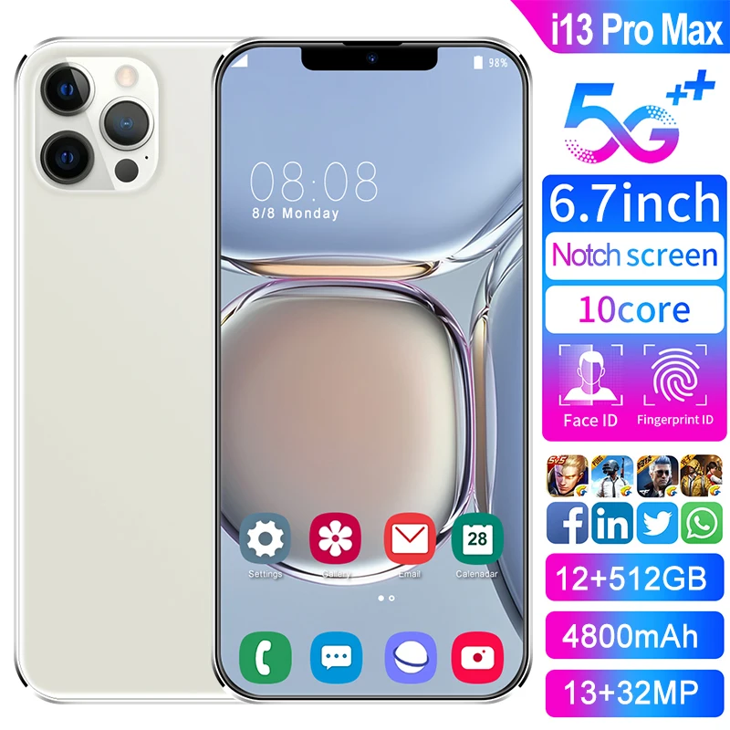 Global Version i13 Pro Max Mobile Phones 12+512GB 6.7 inch 6000mah Smartphone 5G Dual SIM Face ID Cellphones
