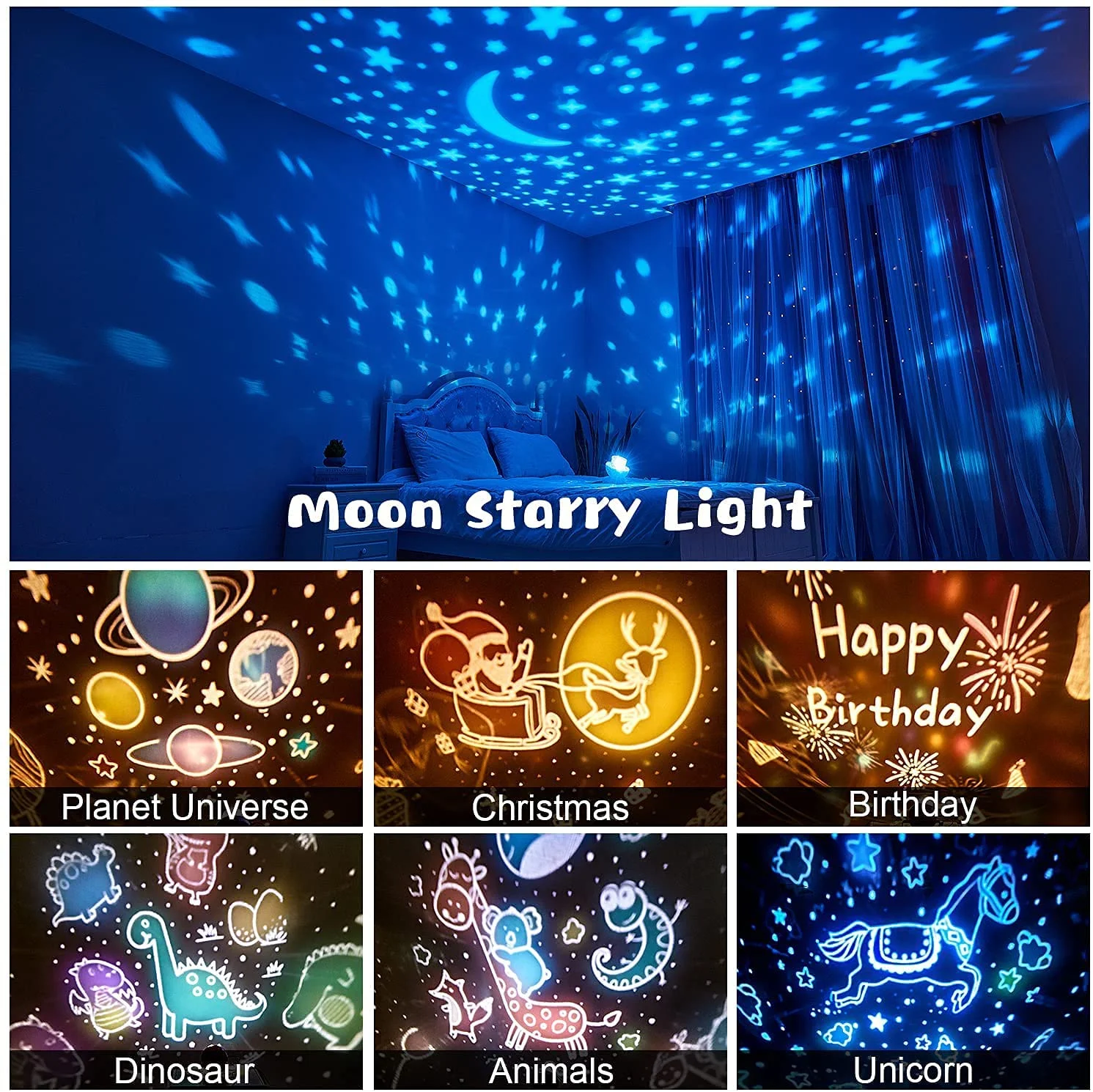 360 Rotating 7 Films Remote Timer Music baby kids wall star led night light projector for Bedroom Girls Gifts ceiling