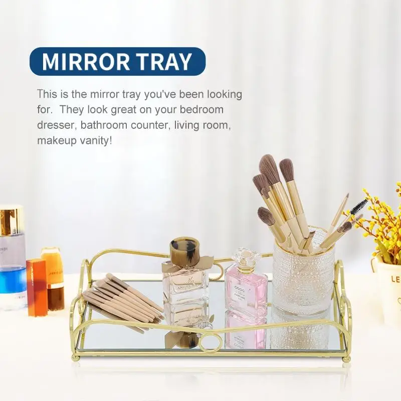 Gold Mirror Vanity Tray Large Perfume Glass Metal Makeup Decorative Rectangle Mirrored Jewelry Organizer for Vanity Bathroom