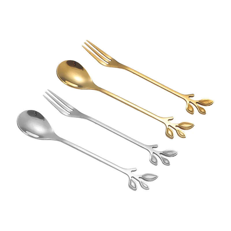 Stainless Steel Leaves Spoon And Fork Coffee Spoon And Fruit Fork For Family Desserts With A Fork And Spoon