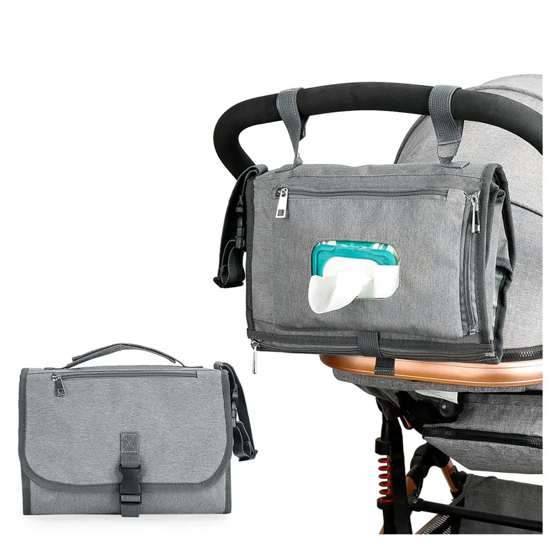 Portable waterproof diaper changing pad multifunctional stroller bag Multiple hanging methods baby folding pad grey