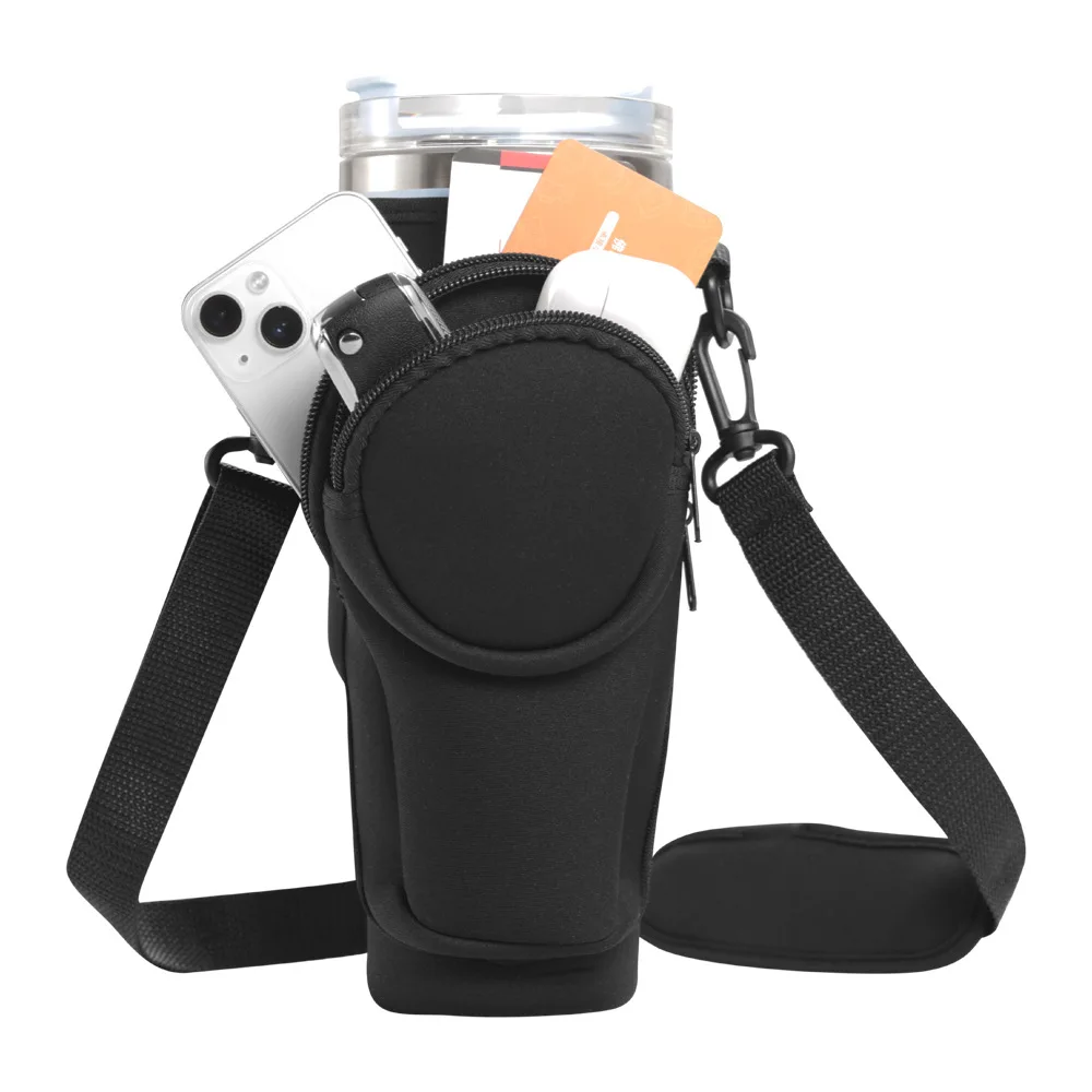 Wholesale Neoprene Water Bottle Insulated Sleeve Adjustable Shoulder Strap 40oz Tumbler Mugs Holder Bag with Zipper Phone pocket