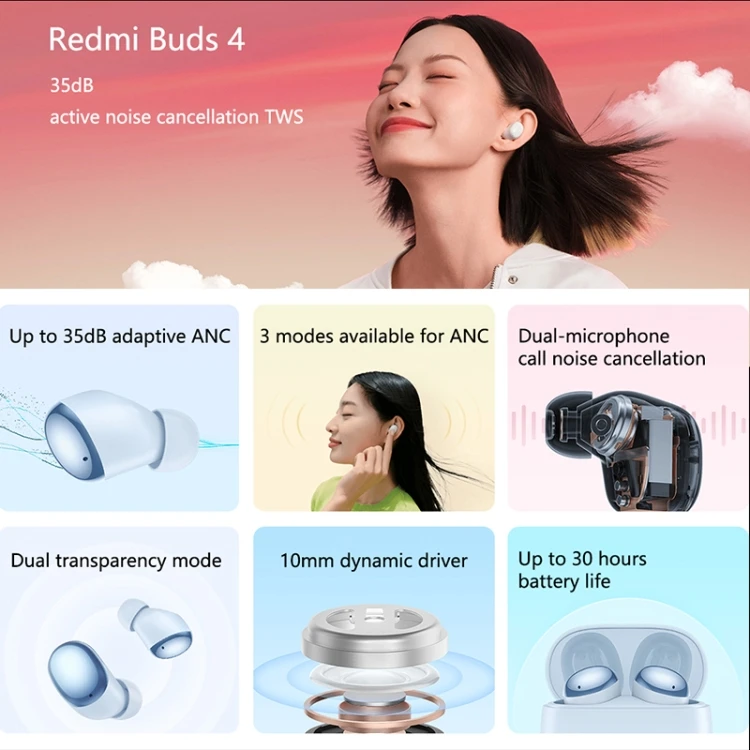 Free Barcode Service Original Xiaomi Redmi Buds 4 True Wireless Earphone 30h Long Battery Life Earbuds