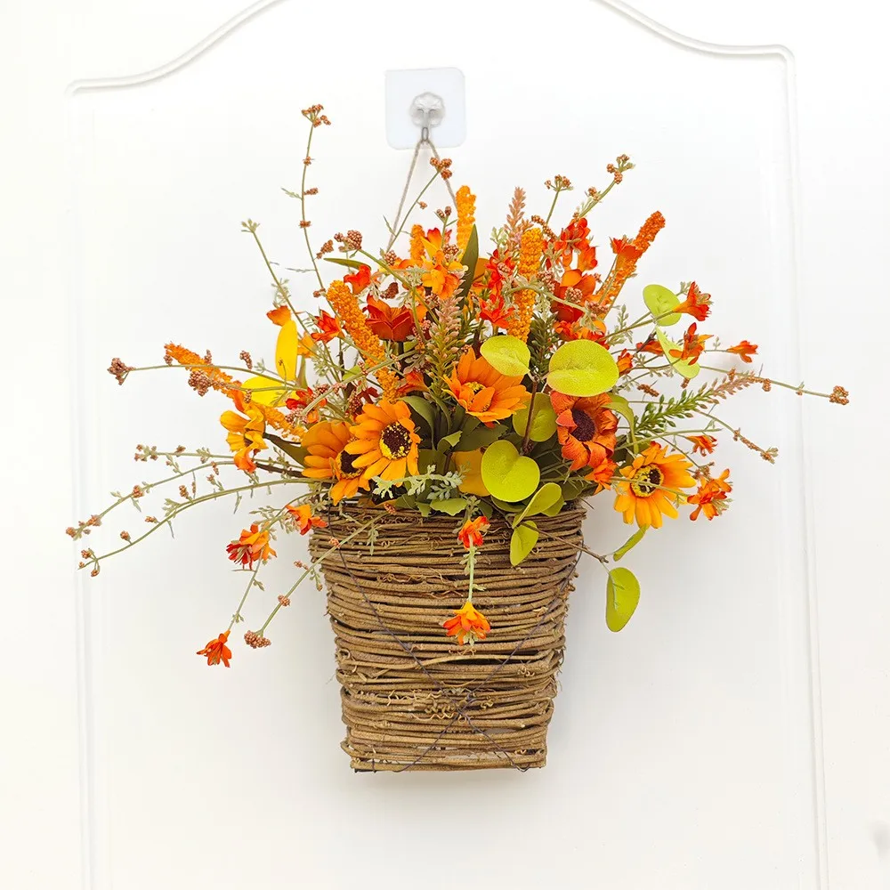 2024 Fall Flower basket Thanksgiving wreath Harvest Festival Door Basket Sunflower Maple Leaf rice ear fall decoration