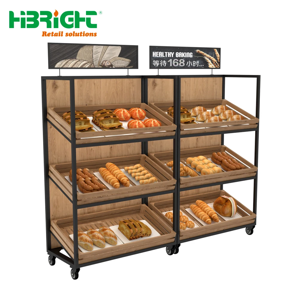Wooden Bread  Display Rack Multilayers Supermarket Promotion Shelving for Professional Bakery
