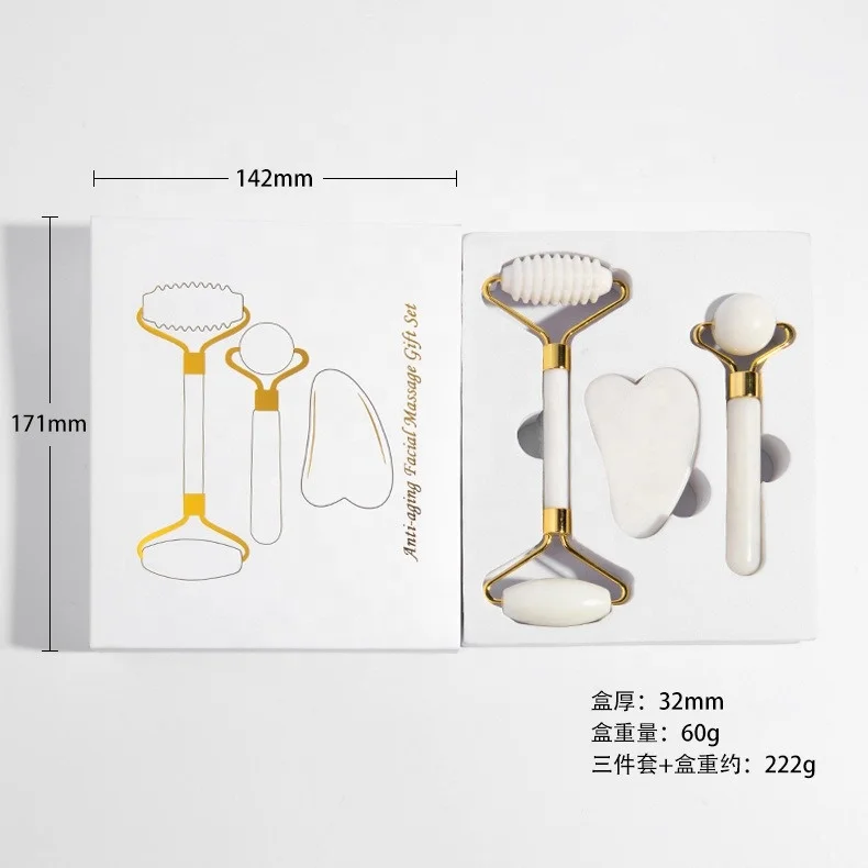 3pcs/box White Jade Roller Massager For Face Lift Natural Stone Gua Sha Scrpaer Set Facial Slimming Chin Skin Care Beauty Tool