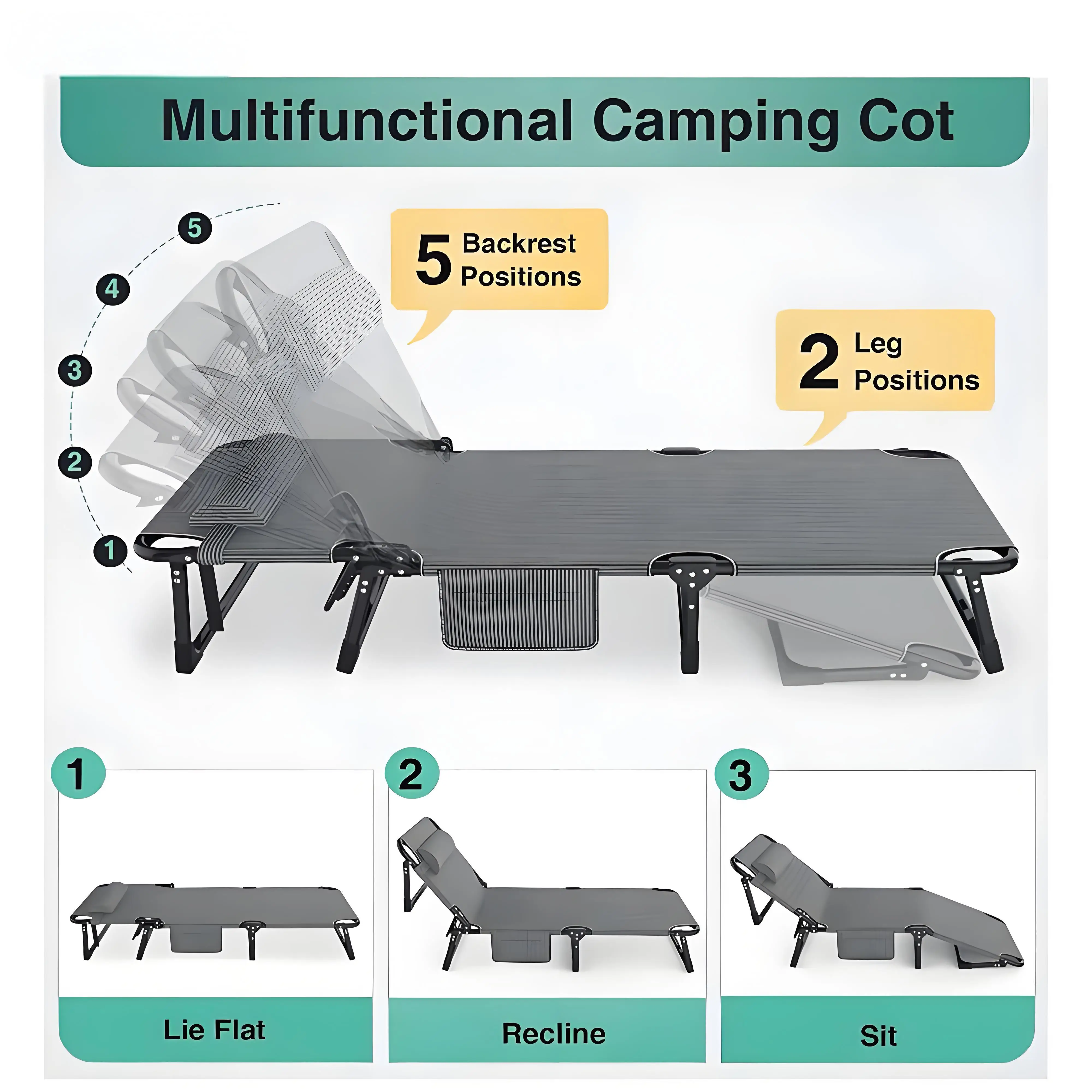 Folding Camping Adjustable Portable Outdoor Heavy Duty Recliner Camping Bed For Family Camping Trips
