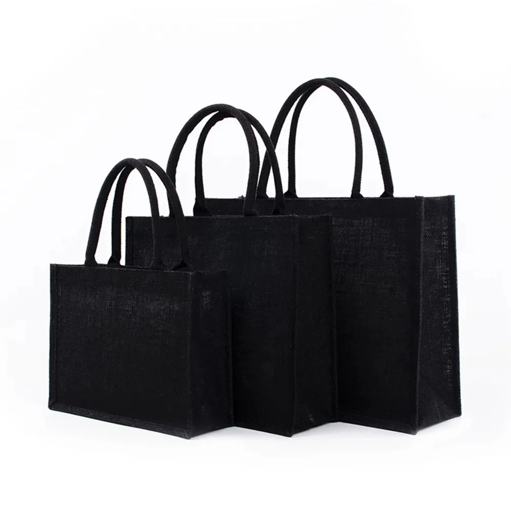 Black Jute Tote, Jute Tote Bags with Handles & Laminated Interior, Wedding Bridesmaid Gift Bags, Blank Bags