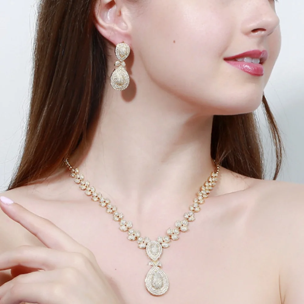 Full Diamond Dubai 18K Gold Plated Zircon Bridal Jewelry Sets Luxury Water Drop African Women Jewelry Sets