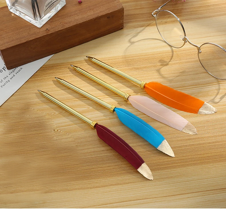 Popular portable Pink / Blue / orange / Burgundy optional private signature peacock feather ballpoint pen