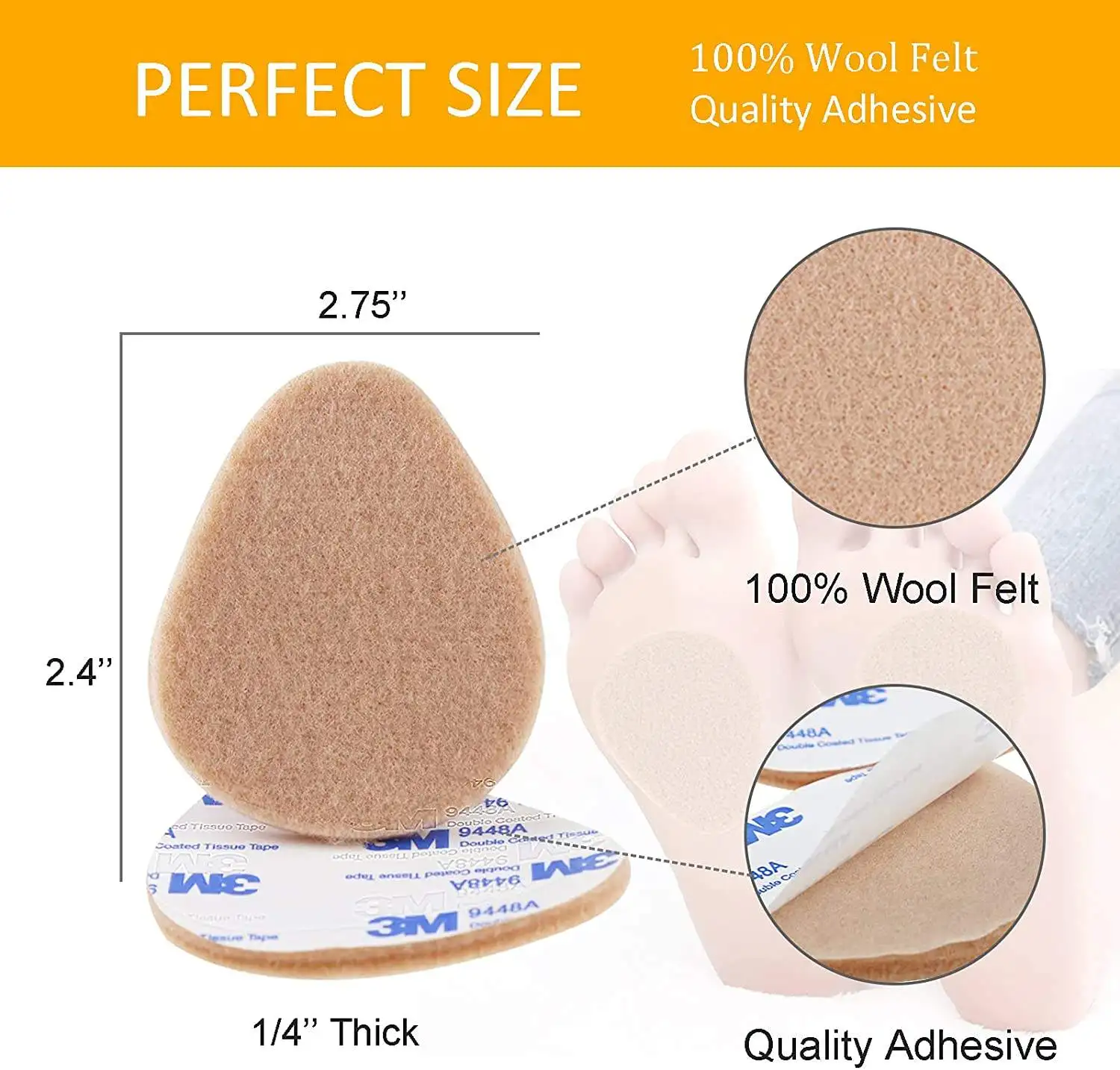 YEBEI Adhesive Foam Foot Cushion Pads Felt Metatarsal Orthotics for Men and Women Relieves Foot Pain