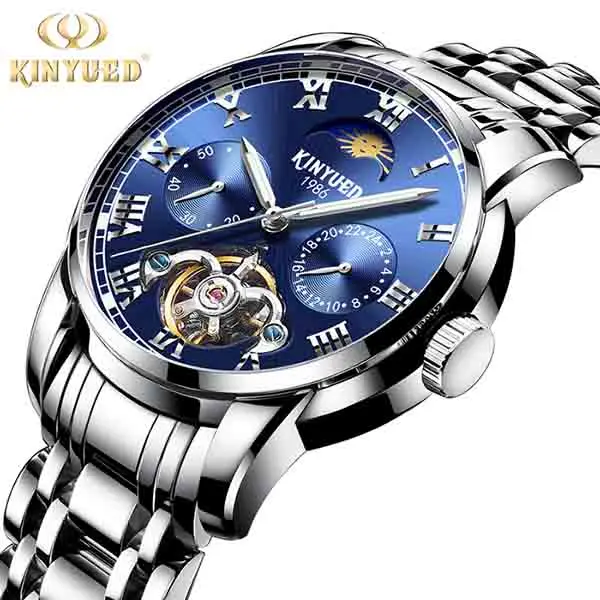 KINYUED Роскошные автоматические часы с календарем для мужчин фазы Луны Tourbillon световой механические хронограф из нержавеющей стали кварцевые