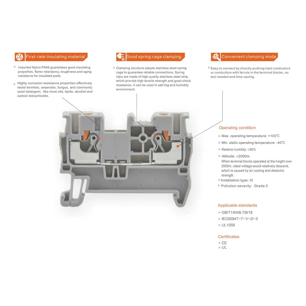 Conveniently Mounted Panel Mounted Push-in Din Rail Electric Terminal Block PT1.5 500V 17.5A