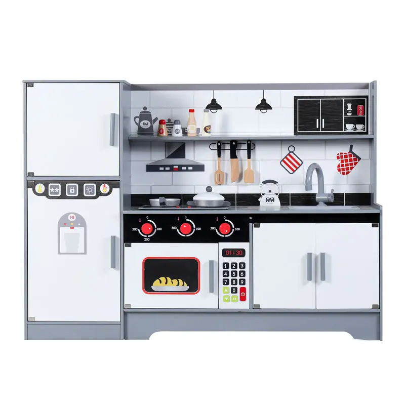 Black and White Pretend Play Wooden Kitchen with Fridge for Kids Role Play Life Experience