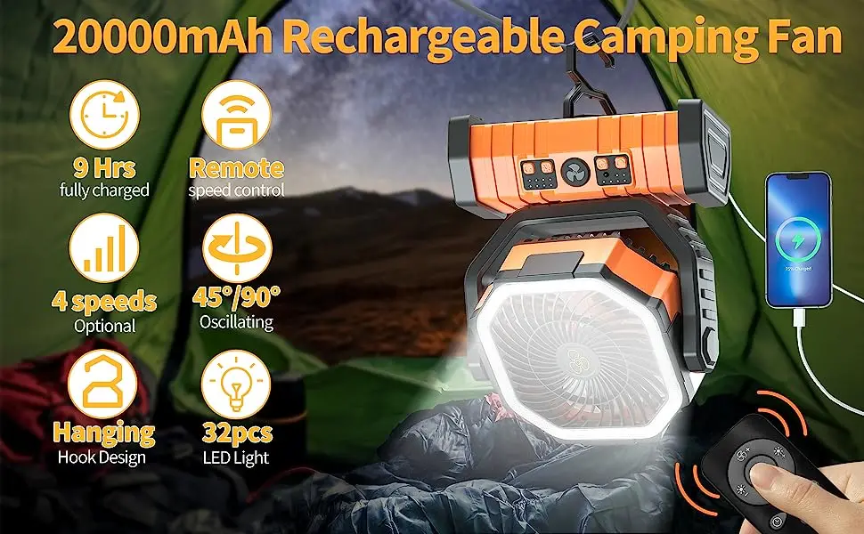 20000mAh charging table fan Shake head function 15W wireless remote control outdoor camping fan
