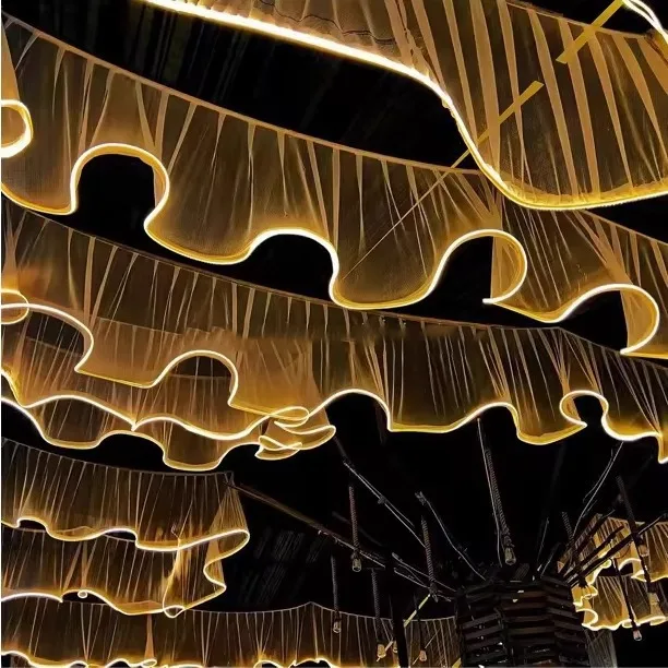 Luminous Wave Ceiling Gauze Curtain LED Light Strip Wedding Drapes Ceiling Decorative Props