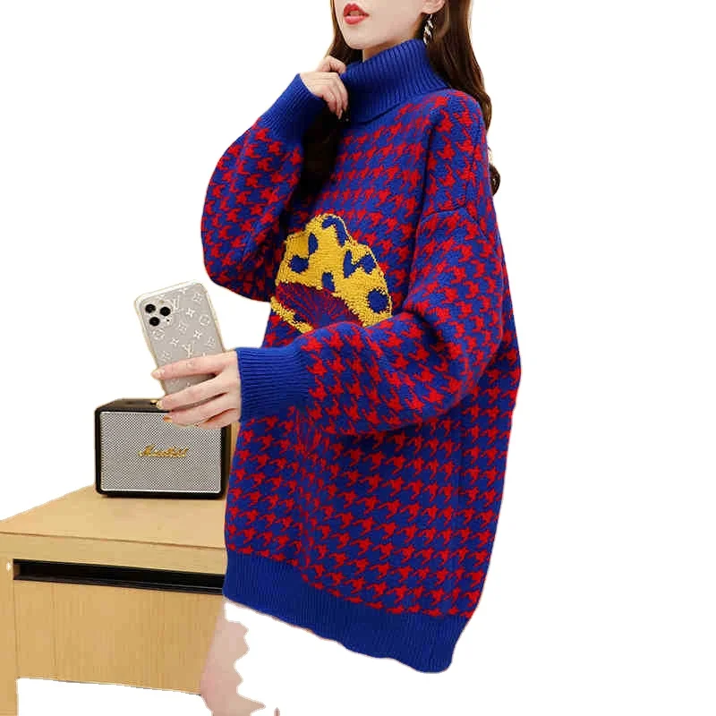 Winter turn down collar thick grid women warm pullover sweater