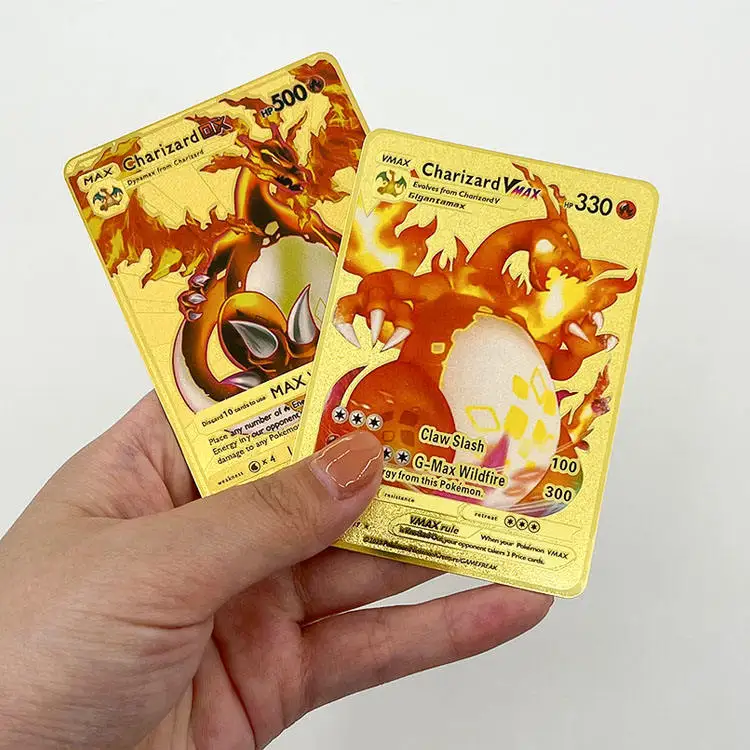 Bozhan High Quality Custom Cheap Wholesale Stainless Steel Metal Gold Game Cards Charizard 1st Pokemoned Cards Vmax