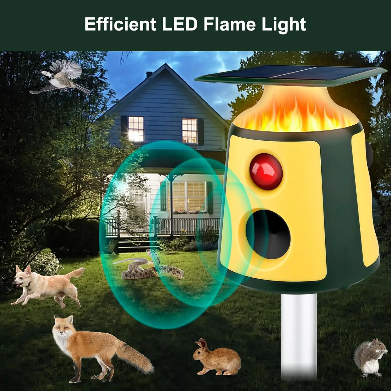 New Design Solar Animal Control Device with Flame Light for Garden Farm Coyote Raccoon dog cat Monkey bird Deterrent Flash Light