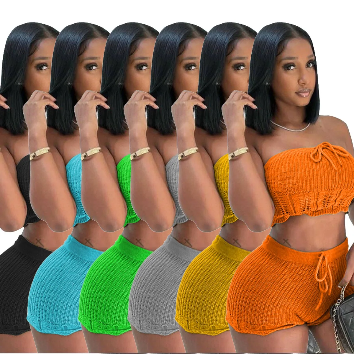 BOBOYU 2023 sexy club rib knitted shorts set two piece lace up strapless tube crop tops women biker shorts set clothes casual