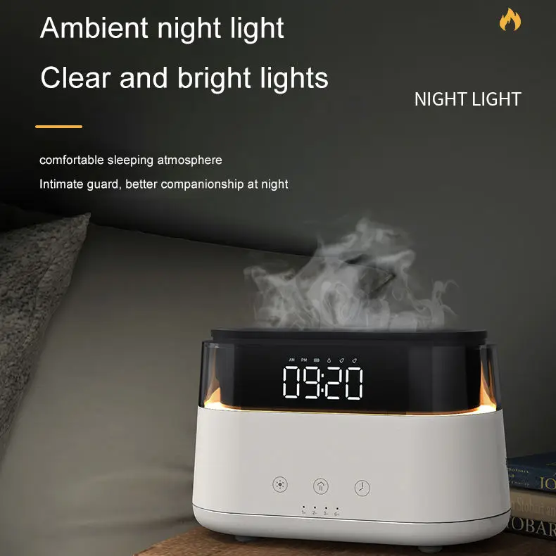 LED Clock Flame Humidifier Flame Aroma Diffuser Multifunction Humidifier for Home Office Spa Yoga Essential Oil