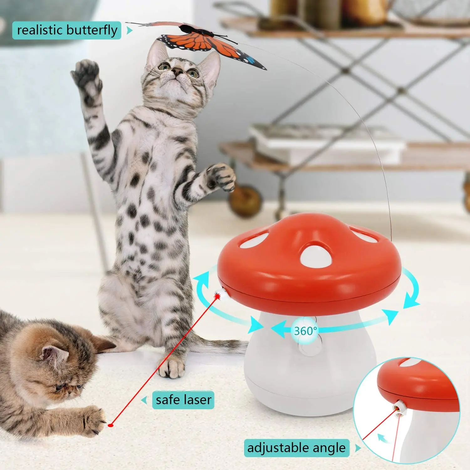 360 Degree Automatic Chasing Cat Laser Toy Realistic Fluttering Butterfly 2 in 1 Electronic Cat Toy