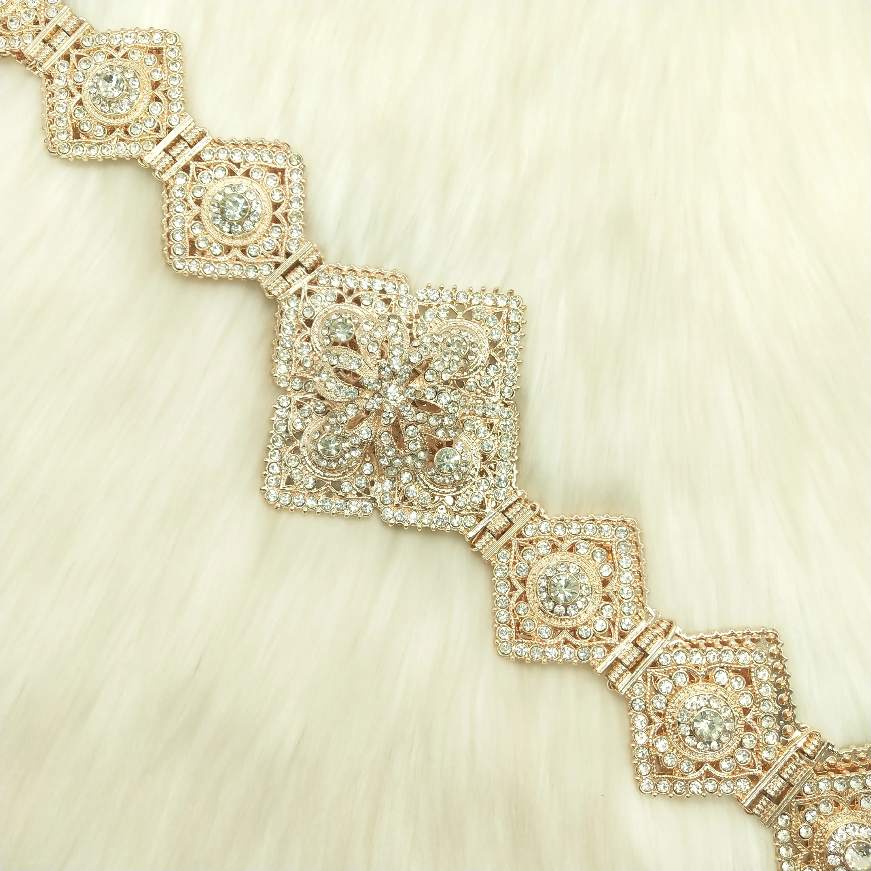 R French Gold Color Women  Chain Crystal Metal Waistband Morocco belt Wedding Caftan Dress Belt Adjustable Length