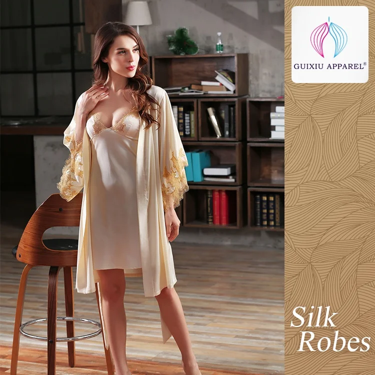 Super light golden soft ladies satin dressing gown women sleepwear satin silk robe