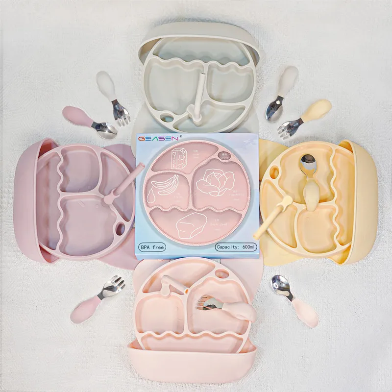 Набор детских тарелок из пищевого силикона, детская посуда с нагрудниками, развивающая Нескользящая тарелка для кормления, Детская Тарелка на присоске