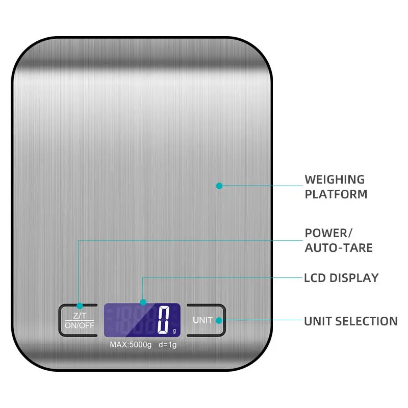 5kg Stainless Steel Digital Electronic Scale Household Kitchen Measuring Weight Volume Food Scale