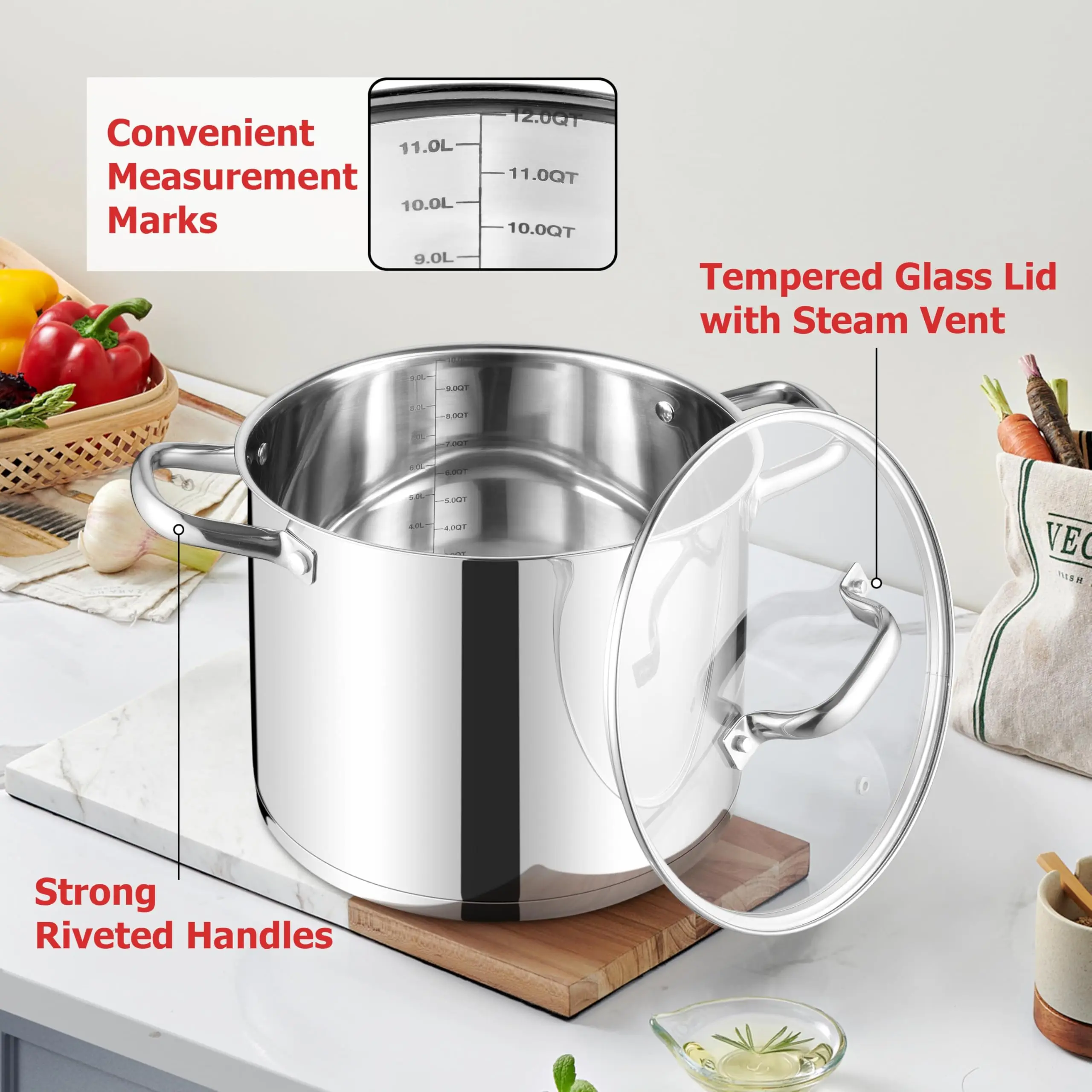 12QT Cooking Pot Heavy Weight Solid Triple-Layer Base Stainless Steel Casserole Soup Pot Stock Pots with Handle Glass Lid
