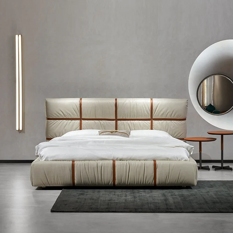 Italy high end luxury king size full grain cow leather leather soft bed with big high headboard