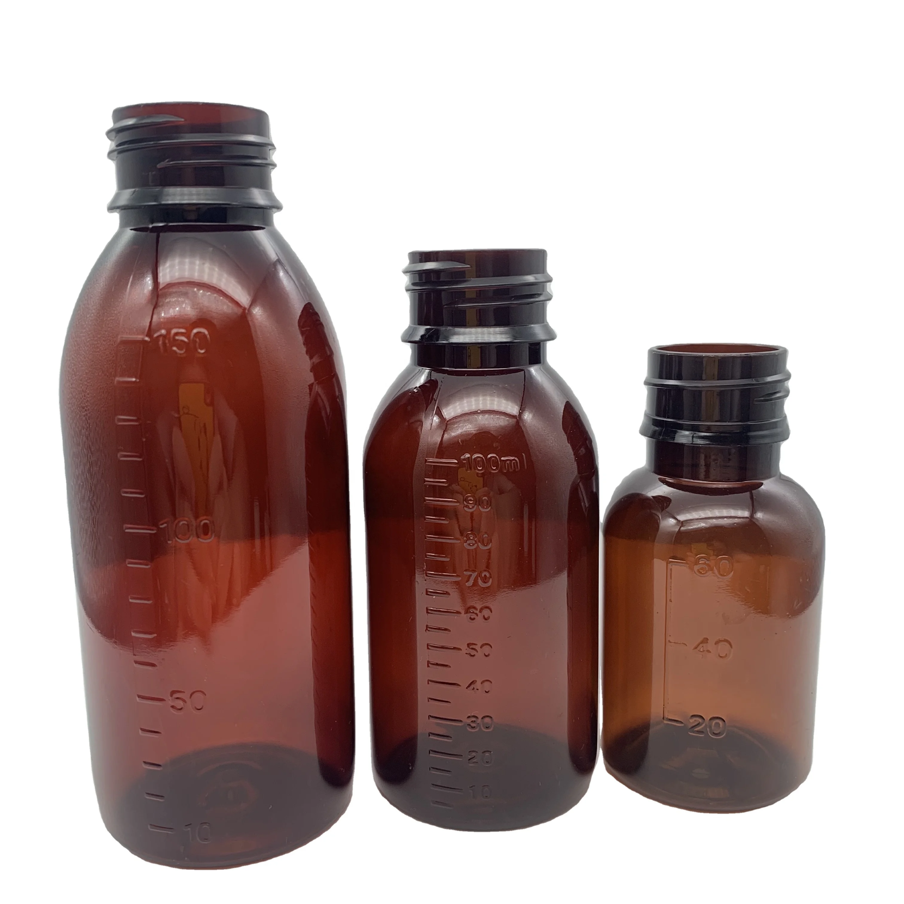 60 мл из ПЭТ пластика Сироп От Кашля бутылки с измерением кепки и вскрытием ясной крышкой янтарные жидкостные медицинского
