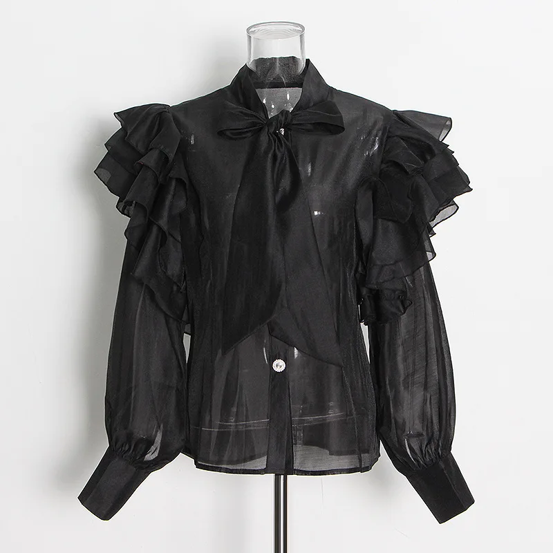new arrival ladies blouse sashes collar falbala organza blouse for women
