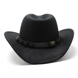 Men wool felt cowboy hat roll up brim fedora hat with PU ribbon