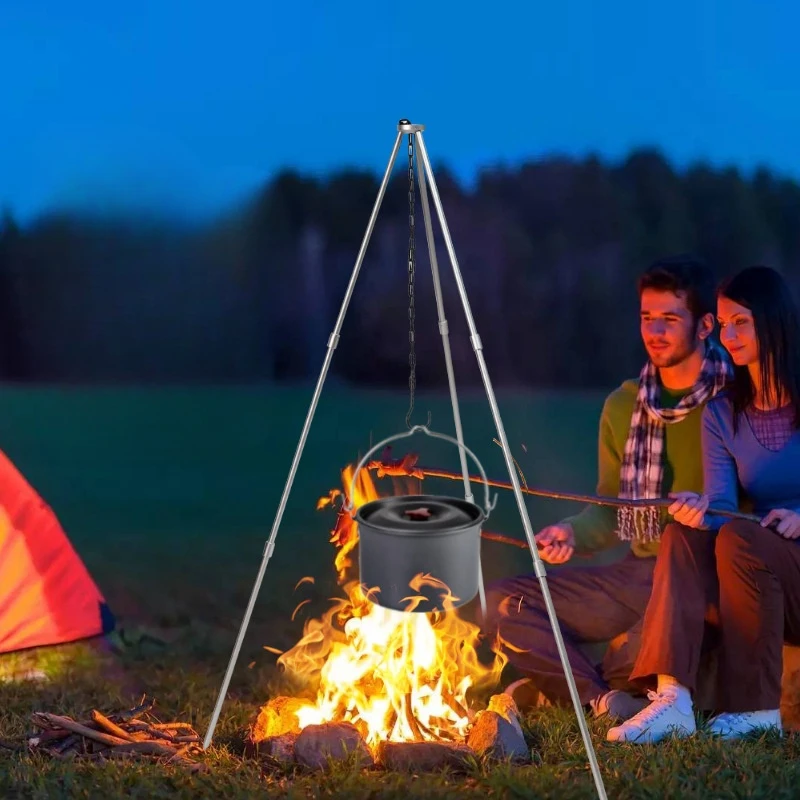 Outdoor Camping Gear Picnic Cookware Portable 3 Segments Aluminium Alloy Tripod Camping Equipment Fire Pot Hanging Bracket