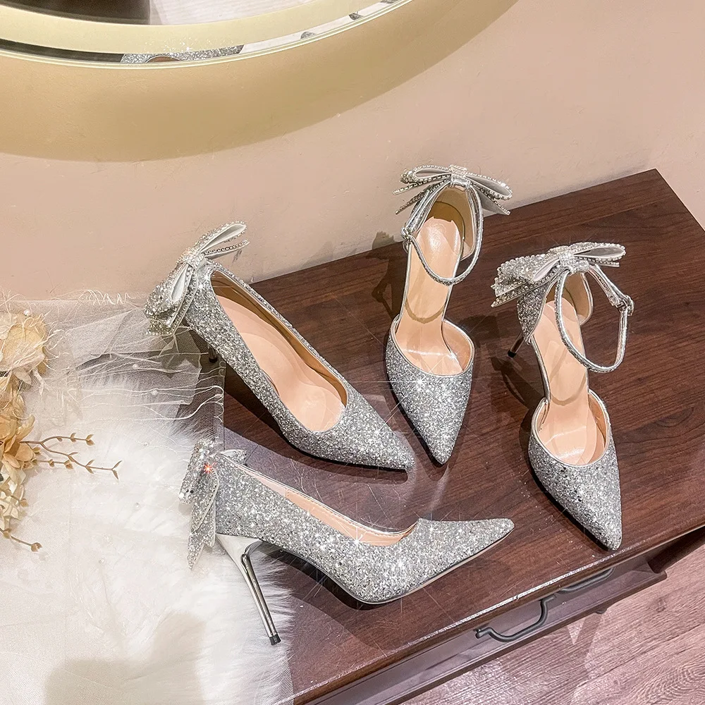 2023 Factory Wholesale Silver High Heels New Summer Sequin Crystal Princess Pumps Trendy Bridal Wedding Shoes