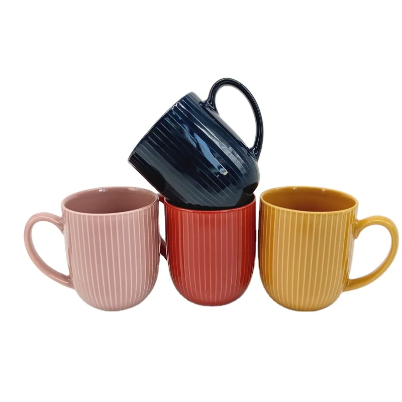 Wholesale 12oz 340ml matte grey glazing stoneware mug emboss stripe ceramic stoneware coffee tea mugs