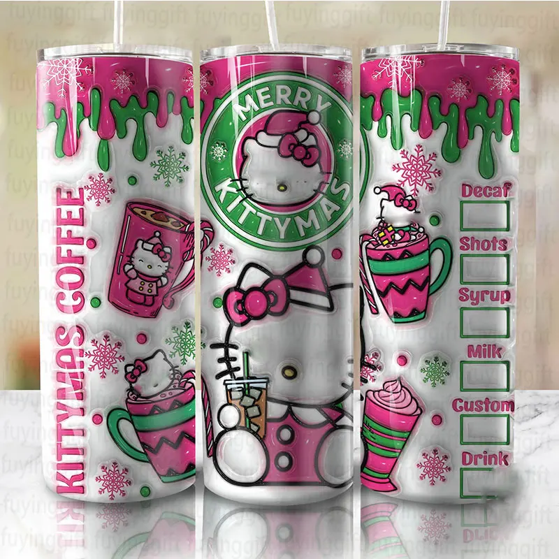 New Wholesale 3D Inflated Puff Cafecito Y Chisme Kitty 20oz Skinny Tumbler Christmas Cat Cup Mexican Conchas Xmas Gifts Mugs