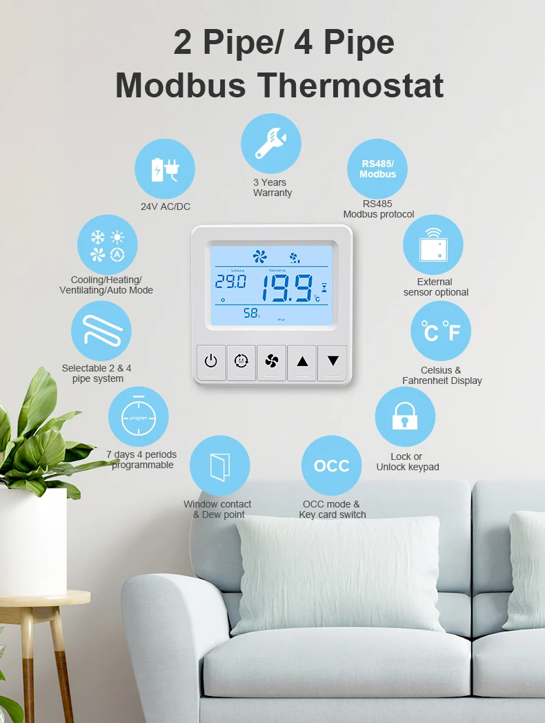 Bandary weekly programmable AC digital Modbus fan coil smart room thermostat