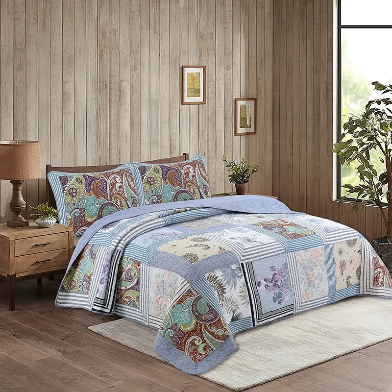 New American 100% cotton Korean bed cover air conditioner quilt 3pcs printed patchwork quilted quilt