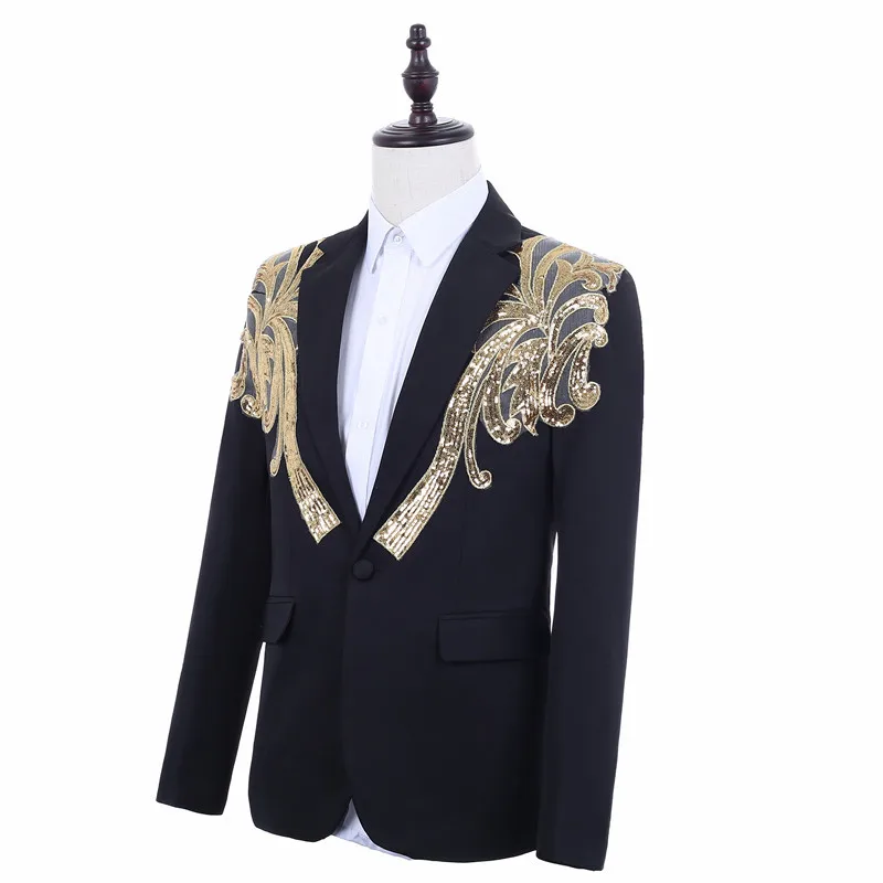 Men Classic Black Gold Sequins Suit Coat Latest Design Singers Perform Stage Jacket Dinner Party Wedding Costume Homme