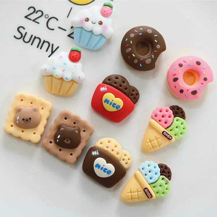 100pcs/bag Kawaii Simulation Food Flatback Resin Simulation Food Cabochon Cute Ice cream Cake Bread Cheese For Phone Decorations