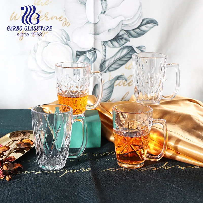 Clear 12oz Glass Tea Mug High Quality Tea Glass Cup with Handle Hot Selling 6pcs PVC Packing Embossed Engraved Glass Tea Mug