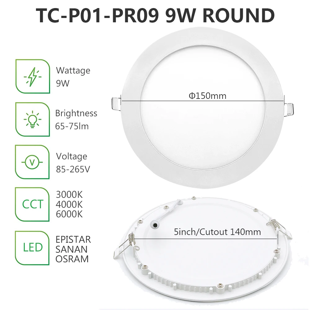 CE Factory price energy saving ip44 65-75 lm/w dimmable 9 watt round embedded led panel light