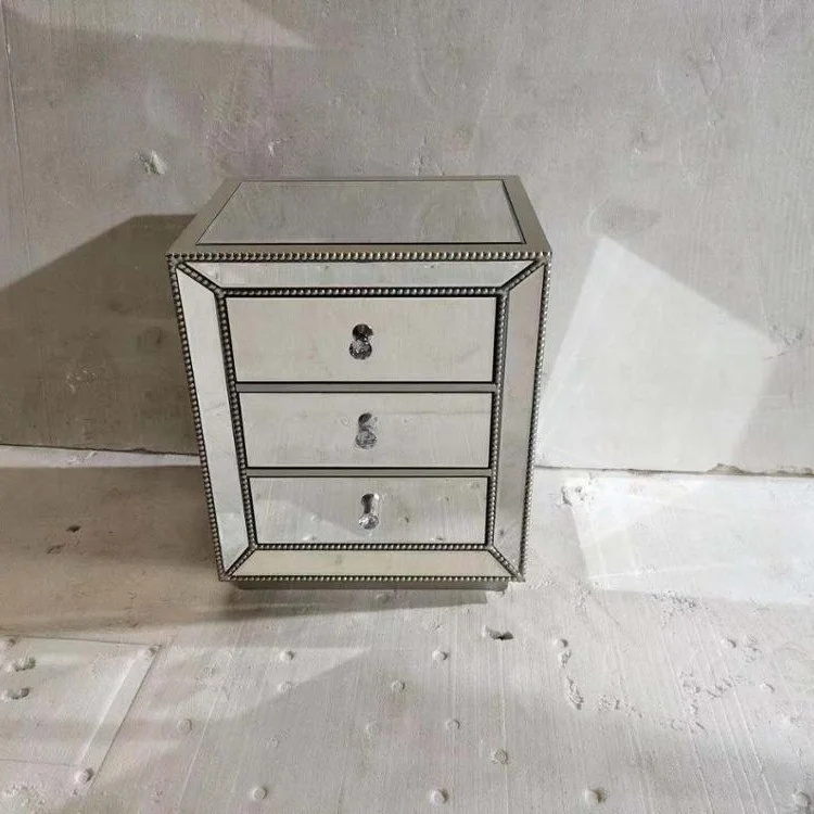 Hot Sale Beads Mirrored Nightstand  3 drawer chest bedside table  night stand Mirrored Side Board with beads