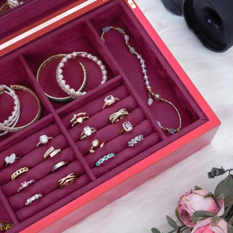 2024 New Style red pink black jewelry storage box with mirror wooden piano paint jewelry organizer box for women