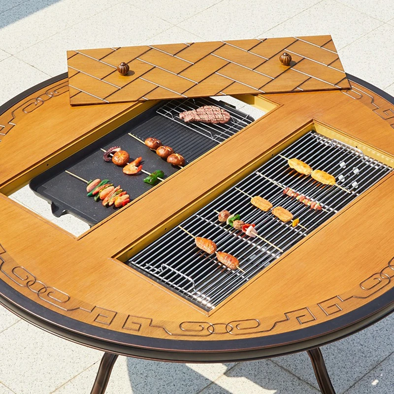 Manufacture Cast Aluminum Barbecue Table Chair Dining Round Table Rotating Hotpot Bbq Grill Set Metal Frame Aluminum Table