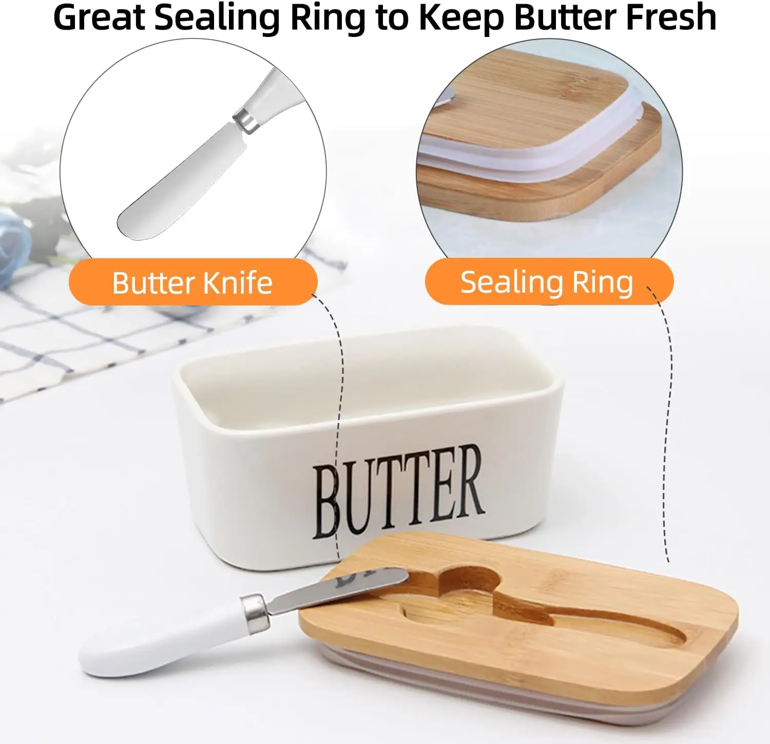 Hot Sale Large Ceramic Countertop Butter Container Ceramics with Wood Lid Kitchen-Friendly Butter Keeper Tray  for Food Storage
