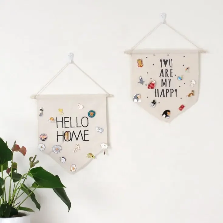 Blank Cotton Canvas Banners Enamel Pin Wall Display Banners DIY Hanging Pennants Flag Canvas Banner Pink Display